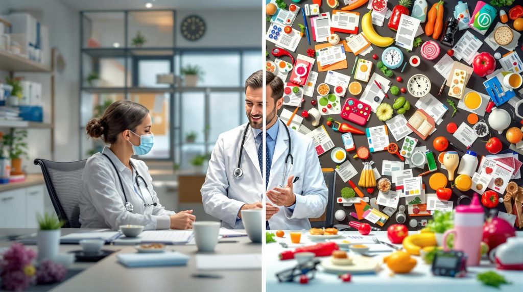 A Split Screen Concept Comparing A Structured Medical Weight Loss Consultation With A Chaotic Table Of Trendy Diet Items.
