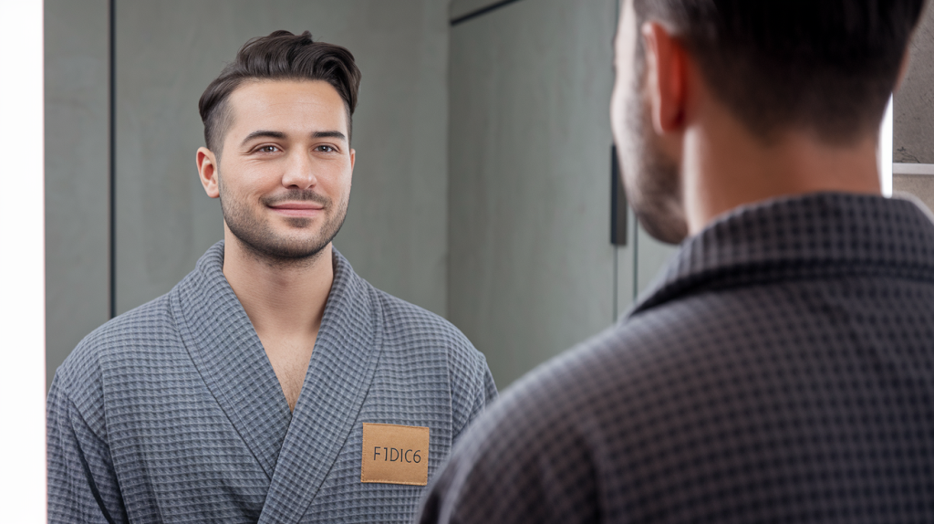 brotox kovak cosmetic center - well-groomed man in a robe confidently looking at his reflection post-treatment – great for male botox content.