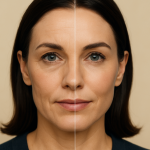 2025 09 kovakcosmeticcentercom img before after face treatment v1  kovak cosmetic center - split image showing before and after cosmetic facial treatment on a woman.