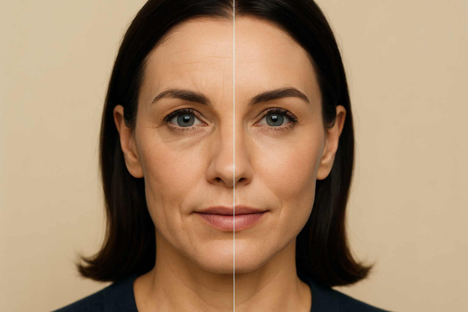 2025 09 kovakcosmeticcentercom img before after face treatment v1  kovak cosmetic center - split image showing before and after cosmetic facial treatment on a woman.
