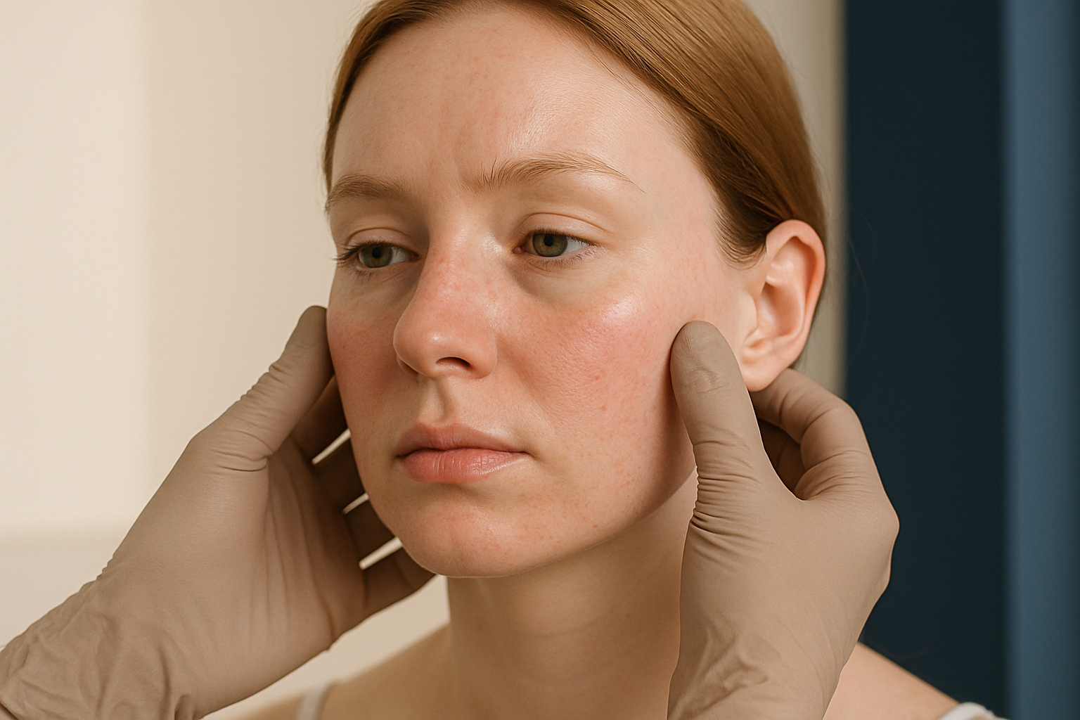 2025 09 kovakcosmeticcentercom img dermatology face examination v1  kovak cosmetic center - dermatologist examining a woman’s face with gloved hands.