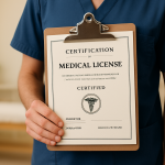 2025 09 kovakcosmeticcentercom img medical license certification v1  kovak cosmetic center - medical professional holding a clipboard with a medical license certification.