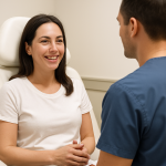 2025 09 kovakcosmeticcentercom img patient doctor consultation v1  kovak cosmetic center - smiling woman consulting with a doctor in a clinic.