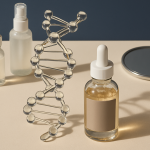 2025 09 kovakcosmeticcentercom img skincare dna serum v1  kovak cosmetic center - skincare serum bottles and a dna helix model on a table.