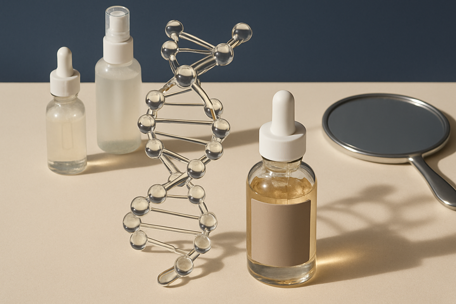 2025 09 kovakcosmeticcentercom img skincare dna serum v1  kovak cosmetic center - skincare serum bottles and a dna helix model on a table.