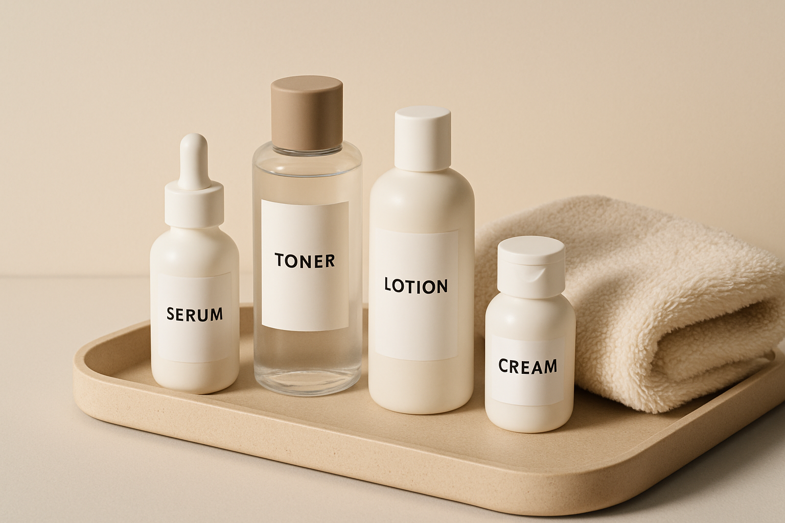 2025 09 kovakcosmeticcentercom img skincare product set v1  kovak cosmetic center - skincare set with labeled bottles of serum, toner, lotion, and cream on a tray.