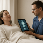 A medical provider reviews a full-body scan with a patient during a contouring consultation.
