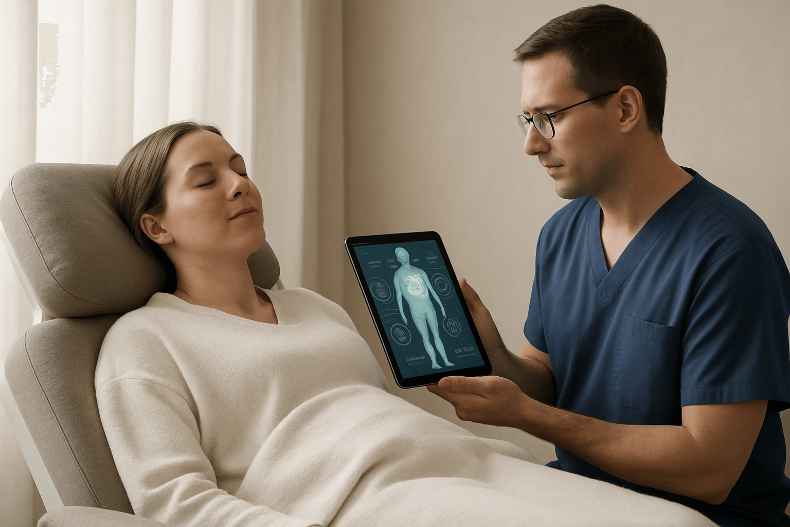 2025 10 kovakcosmeticcentercom blog combination treatments body confidence v1  kovak cosmetic center - a medical provider reviews a full-body scan with a patient during a contouring consultation.