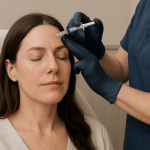 A clinician administers a forehead injection to a relaxed patient receiving a neuromodulator treatment.