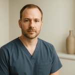 A confident male injector in scrubs poses in a clinical environment, showcasing professionalism.