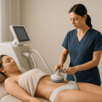 2025 10 kovakcosmeticcentercom blog tshape2 vs coolsculpting v1  kovak cosmetic center - a technician performs a non-surgical body contouring treatment using a handheld device on a patient's abdomen.