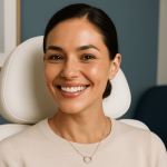 A woman receives a cosmetic injection between her eyebrows to reduce fine lines.