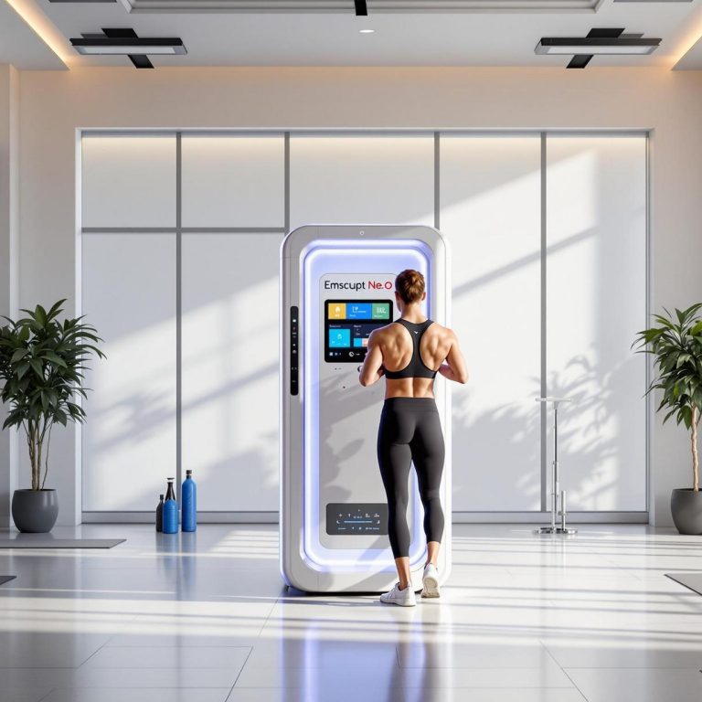 a fit woman interacting with a futuristic emsculpt neo body contouring machine in a sleek high tech fitness and wellness center