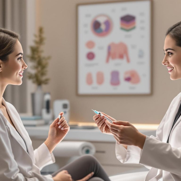 a friendly consultation between a doctor and patient with a medical diagram in the background explaining wrinkle prevention techniques