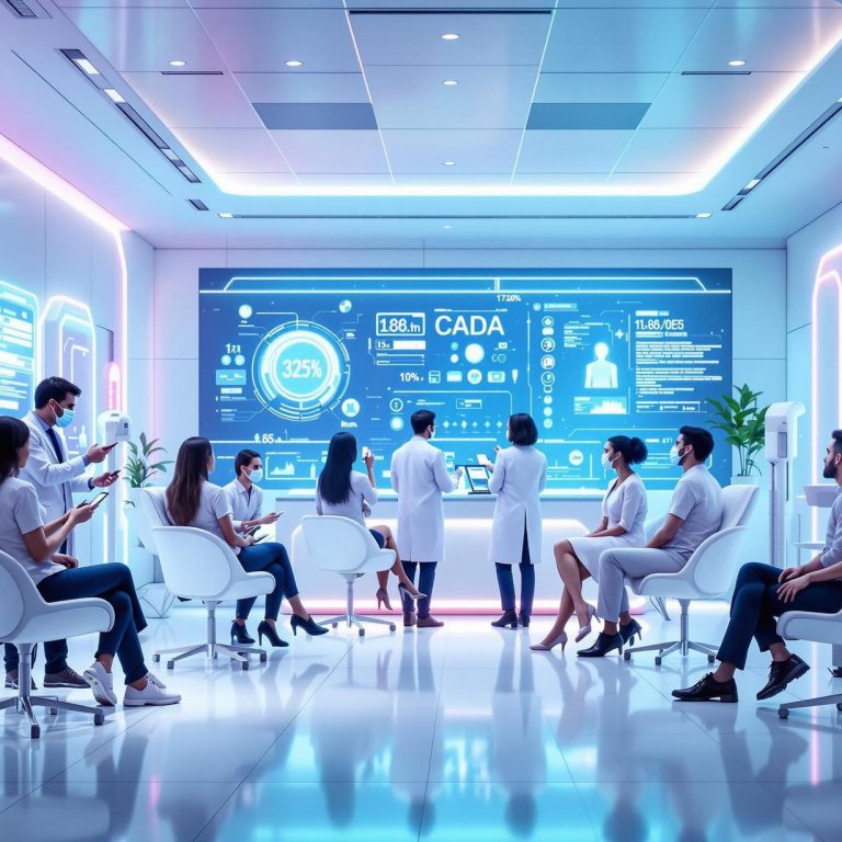 a futuristic aesthetic clinic with advanced digital interfaces holographic screens and medical professionals consulting patients