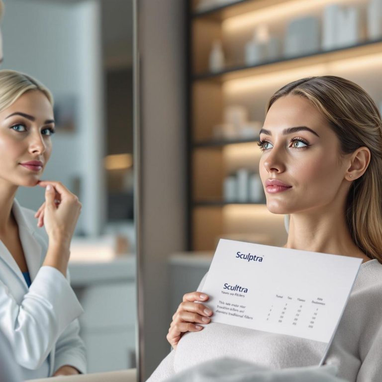 a patient reviewing a treatment comparison sheet labeled sculptra while discussing options with a cosmetic doctor in a modern clinic