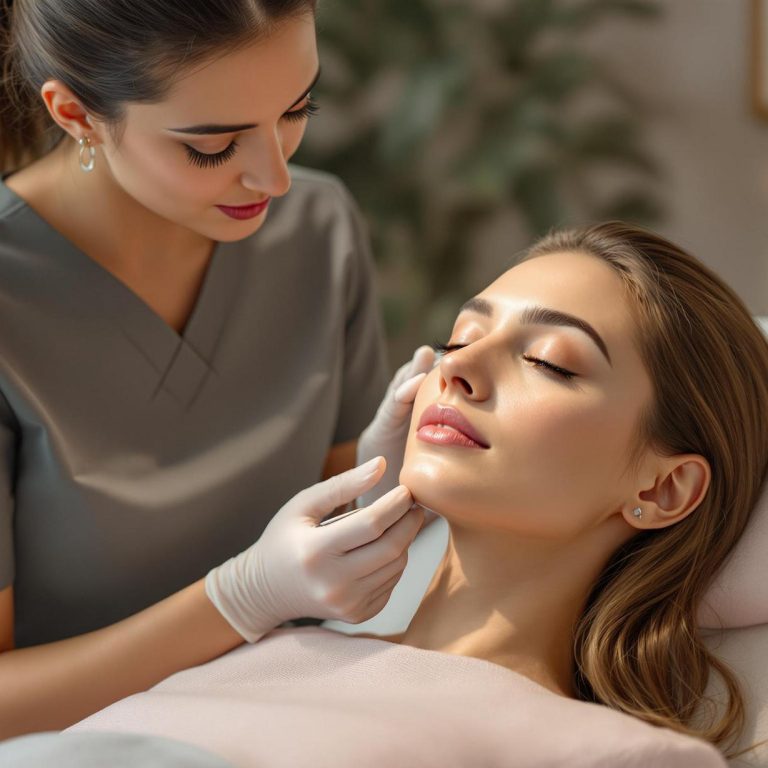 a professional aesthetician in gloves gently assessing a patients face during a botox or filler treatment in a spa like clinical setting