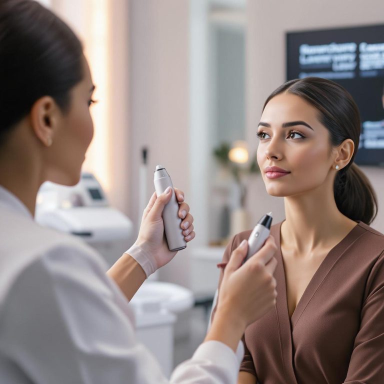 a professional demonstrating two different microneedling devices to a patient explaining the benefits compared to laser resurfacing