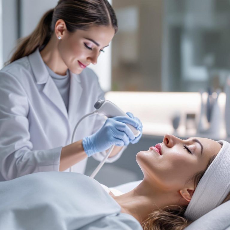 a skincare specialist performing a tixel treatment on a relaxed patient focusing on skin rejuvenation with an advanced handheld device