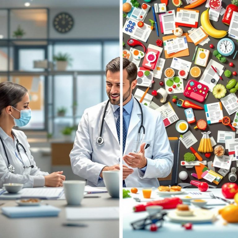a split screen concept comparing a structured medical weight loss consultation with a chaotic table of trendy diet items