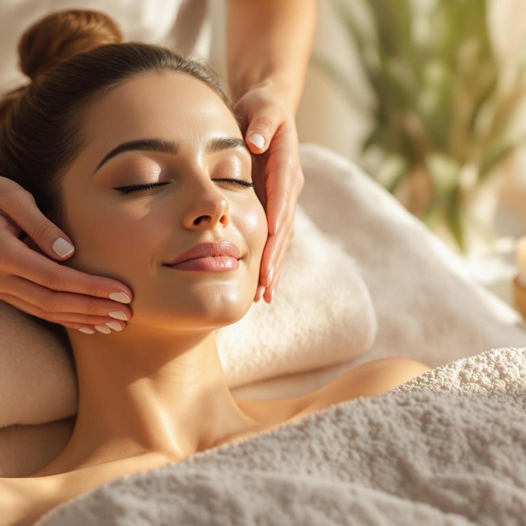 a woman enjoying a relaxing facial massage in a spa like setting surrounded by candles and a peaceful atmosphere