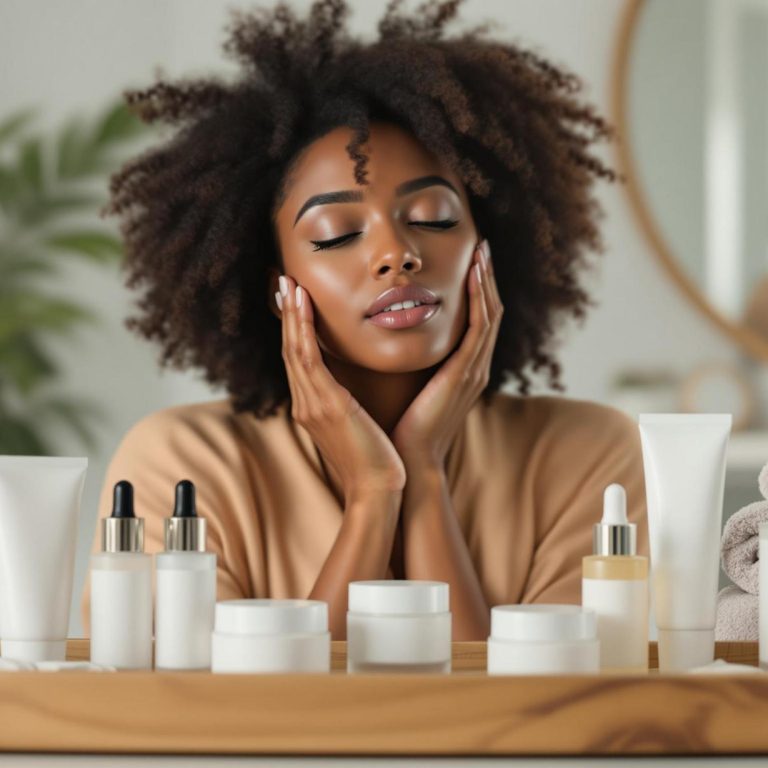 a woman with radiant skin applying skincare products surrounded by an organized tray of serums and creams in a minimalistic beauty space