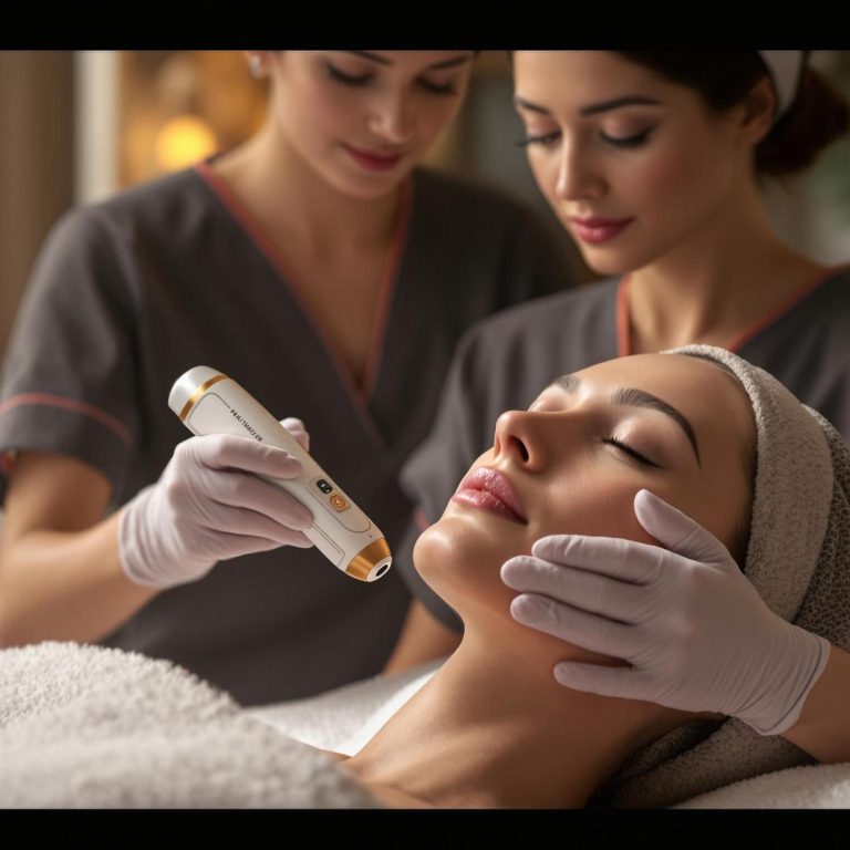two aesthetic professionals performing a scarlet rf microneedling treatment on a patient in a luxurious candle lit spa environment