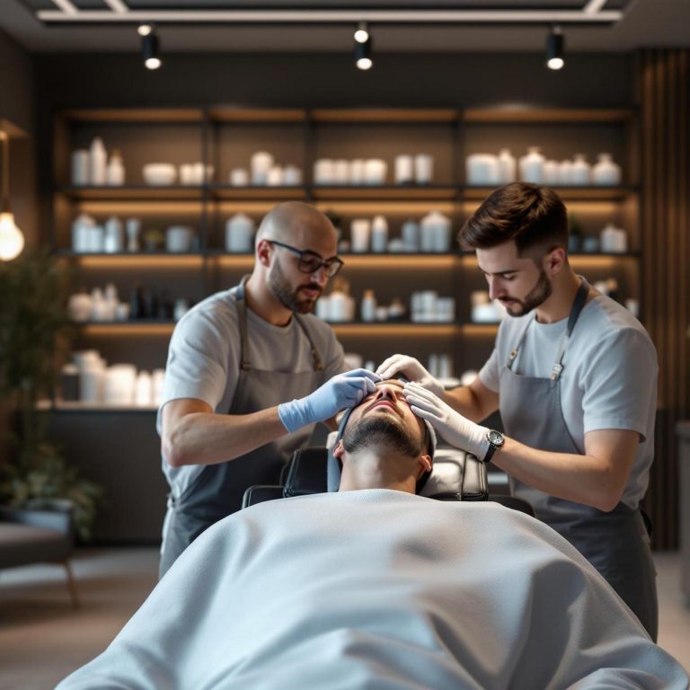 two male aesthetic practitioners performing a facial procedure on a male client in a high end clinic